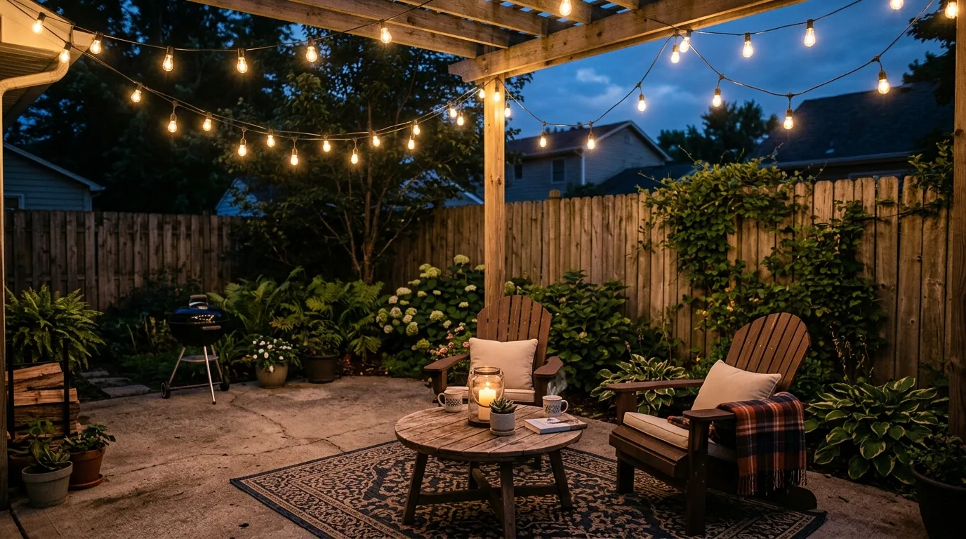 Concrete Patio With String Lights Setup